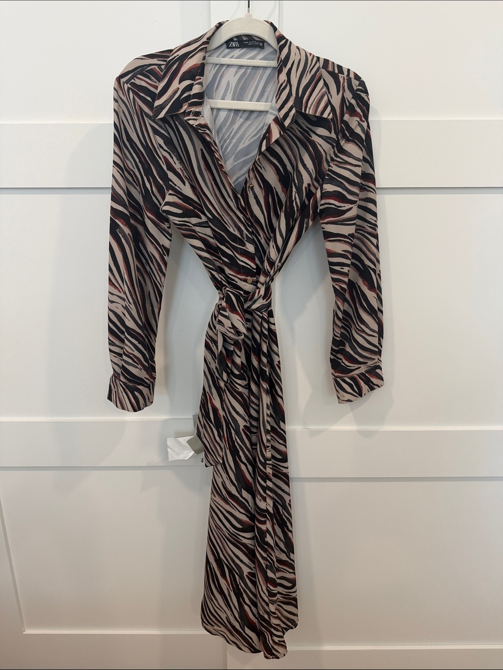 Zara Long-Sleeve Wrap Dress in Taupe, Black and Rust